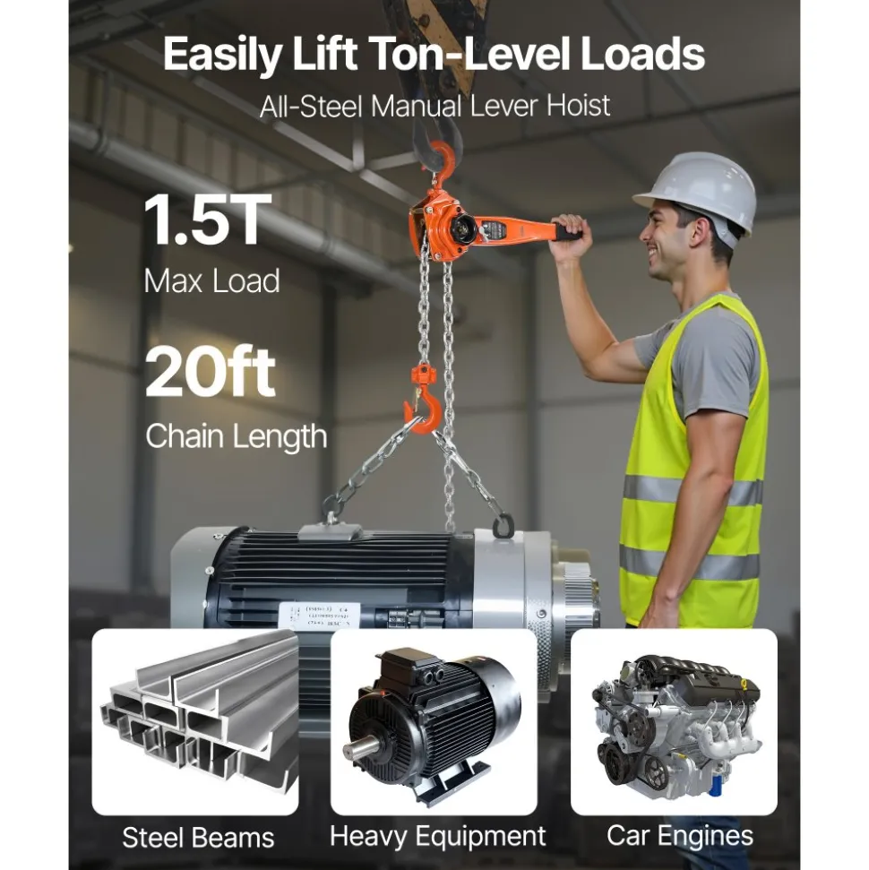 VEVOR Manual Lever Chain Hoist, 1-1/2T 3300LBS Capacity Heavy Duty Come Along, 20FT Lift G80 Alloy Steel Chain With Dual Pawl Mechanical Brake,360°Rotating Hooks, for Warehouse Construction Garage