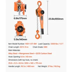 VEVOR Manual Lever Chain Hoist, 1-1/2T 3300LBS Capacity Heavy Duty Come Along, 20FT Lift G80 Alloy Steel Chain With Dual Pawl Mechanical Brake,360°Rotating Hooks, for Warehouse Construction Garage