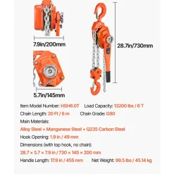 VEVOR Manual Lever Chain Hoist, 6T 13200LBS Capacity Heavy Duty Come Along, 20FT Lift G80 Alloy Steel Chain With Dual Pawl Mechanical Brake,360°Rotating Hooks, for Warehouse Construction Garage