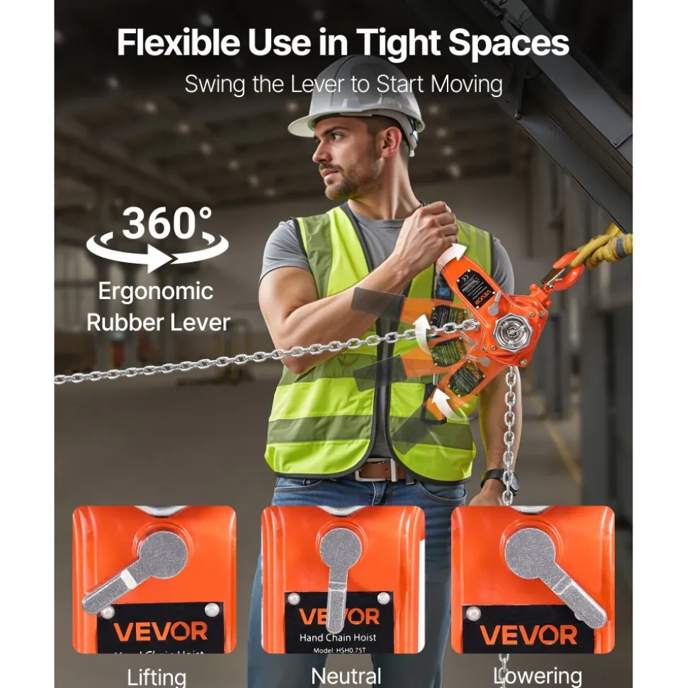 VEVOR Manual Lever Chain Hoist, 3/4T 1650LBS Capacity Heavy Duty Come Along, 5FT Lift G80 Alloy Steel Chain With Dual Pawl Mechanical Brake,360°Rotating Hooks, for Warehouse Construction Garage