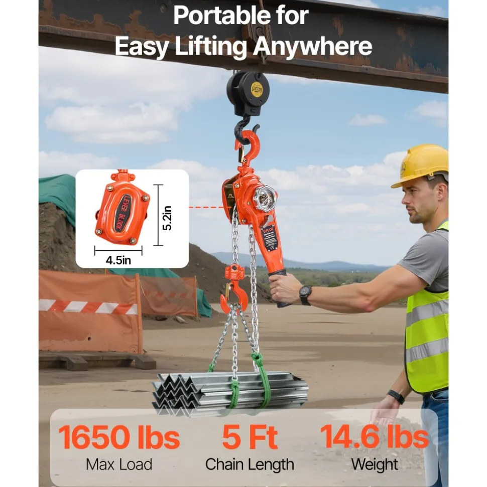 VEVOR Manual Lever Chain Hoist, 3/4T 1650LBS Capacity Heavy Duty Come Along, 5FT Lift G80 Alloy Steel Chain With Dual Pawl Mechanical Brake,360°Rotating Hooks, for Warehouse Construction Garage