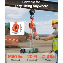 VEVOR Manual Lever Chain Hoist, 3/4T 1650LBS Capacity Heavy Duty Come Along, 20FT Lift G80 Alloy Steel Chain With Dual Pawl Mechanical Brake,360°Rotating Hooks, for Warehouse Construction Garage