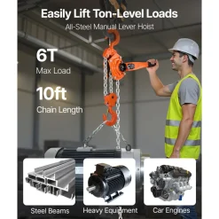 VEVOR Manual Lever Chain Hoist, 6T 13200LBS Capacity Heavy Duty Come Along, 10FT Lift G80 Alloy Steel Chain With Dual Pawl Mechanical Brake,360°Rotating Hooks, for Warehouse Construction Garage