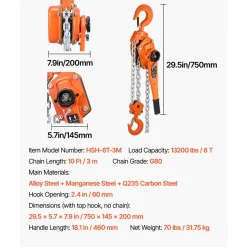 VEVOR Manual Lever Chain Hoist, 6T 13200LBS Capacity Heavy Duty Come Along, 10FT Lift G80 Alloy Steel Chain With Dual Pawl Mechanical Brake,360°Rotating Hooks, for Warehouse Construction Garage