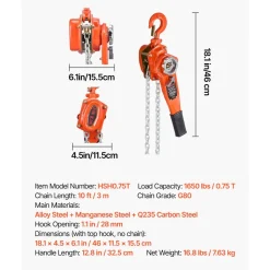 VEVOR Manual Lever Chain Hoist, 3/4T 1650LBS Capacity Heavy Duty Come Along, 10FT Lift G80 Alloy Steel Chain With Dual Pawl Mechanical Brake,360°Rotating Hooks, for Warehouse Construction Garage