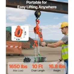VEVOR Manual Lever Chain Hoist, 3/4T 1650LBS Capacity Heavy Duty Come Along, 10FT Lift G80 Alloy Steel Chain With Dual Pawl Mechanical Brake,360°Rotating Hooks, for Warehouse Construction Garage
