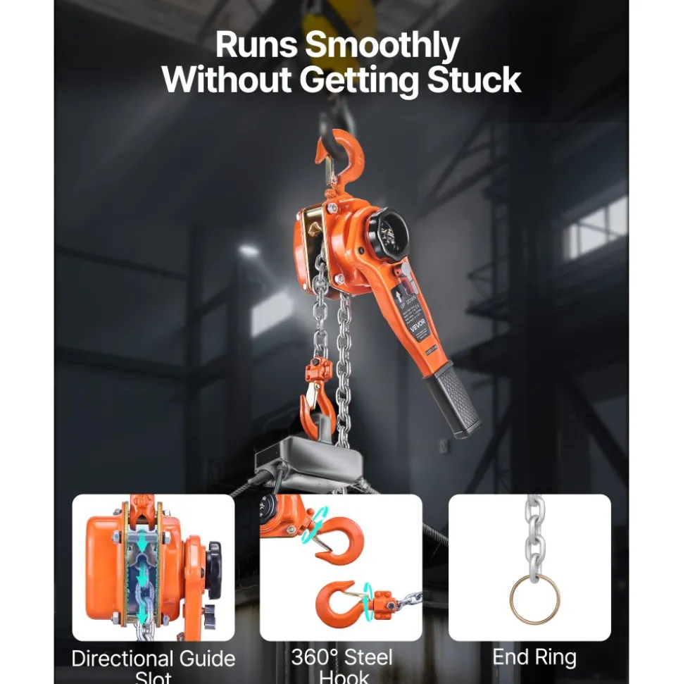 VEVOR Manual Lever Chain Hoist, 1T 2200LBS Capacity Heavy Duty Come Along, 10FT Lift G80 Alloy Steel Chain With Dual Pawl Mechanical Brake,360°Rotating Hooks, for Warehouse Construction Garage