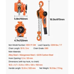VEVOR Manual Lever Chain Hoist, 1T 2200LBS Capacity Heavy Duty Come Along, 10FT Lift G80 Alloy Steel Chain With Dual Pawl Mechanical Brake,360°Rotating Hooks, for Warehouse Construction Garage