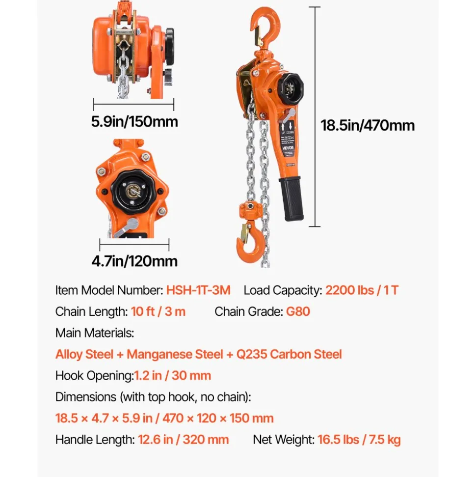 VEVOR Manual Lever Chain Hoist, 1T 2200LBS Capacity Heavy Duty Come Along, 10FT Lift G80 Alloy Steel Chain With Dual Pawl Mechanical Brake,360°Rotating Hooks, for Warehouse Construction Garage