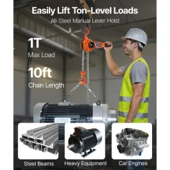 VEVOR Manual Lever Chain Hoist, 1T 2200LBS Capacity Heavy Duty Come Along, 10FT Lift G80 Alloy Steel Chain With Dual Pawl Mechanical Brake,360°Rotating Hooks, for Warehouse Construction Garage