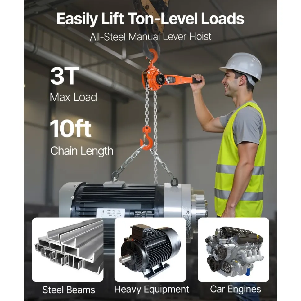 VEVOR Manual Lever Chain Hoist, 3T 6600LBS Capacity Heavy Duty Come Along, 10FT Lift G80 Alloy Steel Chain With Dual Pawl Mechanical Brake,360°Rotating Hooks, for Warehouse Construction Garage