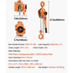 VEVOR Manual Lever Chain Hoist, 3T 6600LBS Capacity Heavy Duty Come Along, 10FT Lift G80 Alloy Steel Chain With Dual Pawl Mechanical Brake,360°Rotating Hooks, for Warehouse Construction Garage