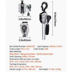 VEVOR Manual Lever Chain Hoist, 1/2T 1100LBS Capacity Heavy Duty Come Along, 10FT Lift G80 Alloy Steel Chain With Dual Pawl Mechanical Brake,360°Rotating Hooks, for Warehouse Construction Garage