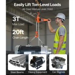 VEVOR Manual Lever Chain Hoist, 3T 6600LBS Capacity Heavy Duty Come Along, 20FT Lift G80 Alloy Steel Chain With Dual Pawl Mechanical Brake,360°Rotating Hooks, for Warehouse Construction Garage