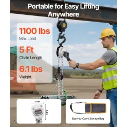 VEVOR Manual Lever Chain Hoist, 1/2T 1100LBS Capacity Heavy Duty Come Along, 5FT Lift G80 Alloy Steel Chain With Dual Pawl Mechanical Brake,360°Rotating Hooks, for Warehouse Construction Garage