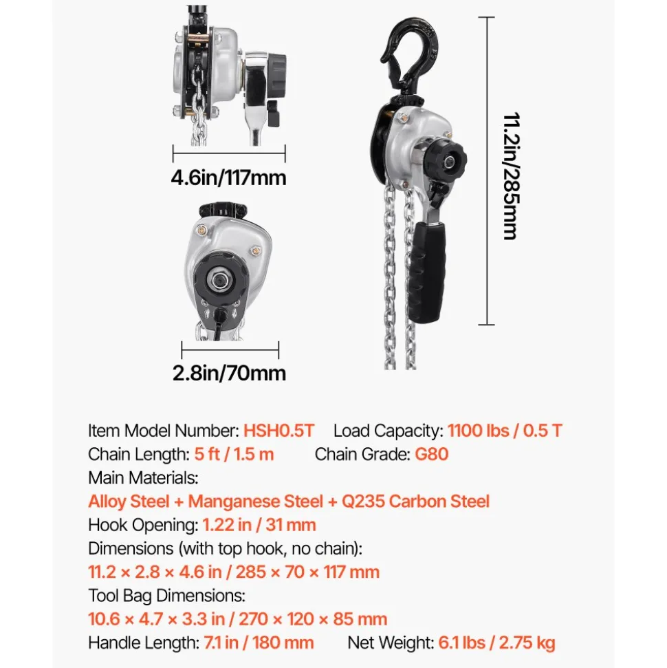 VEVOR Manual Lever Chain Hoist, 1/2T 1100LBS Capacity Heavy Duty Come Along, 5FT Lift G80 Alloy Steel Chain With Dual Pawl Mechanical Brake,360°Rotating Hooks, for Warehouse Construction Garage