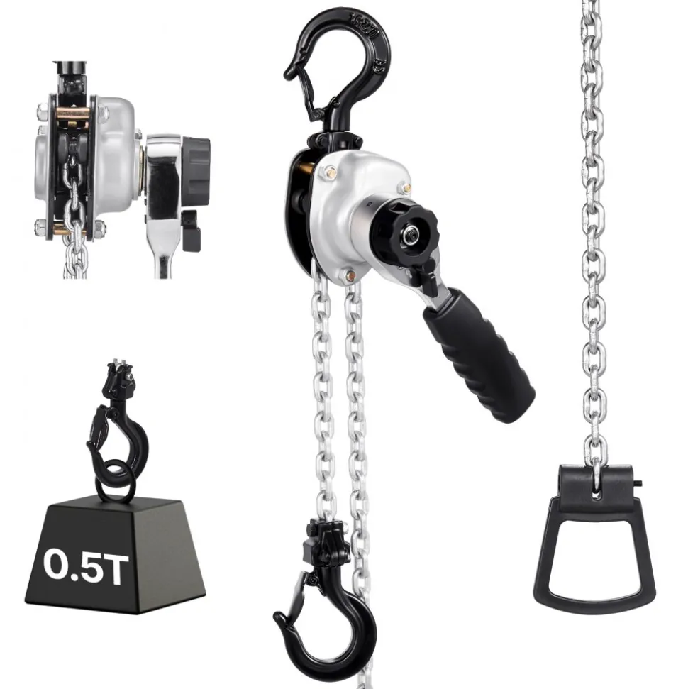 VEVOR Manual Lever Chain Hoist, 1/2T 1100LBS Capacity Heavy Duty Come Along, 5FT Lift G80 Alloy Steel Chain With Dual Pawl Mechanical Brake,360°Rotating Hooks, for Warehouse Construction Garage