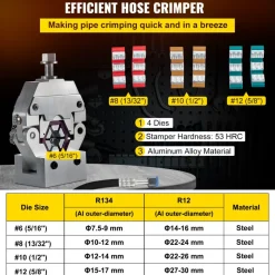 VEVOR Manually Operated AC Hose Crimper Hydra-Krimp 71550 Manual AC Hose Crimper Kit Air Conditioning Repair Handheld AC Hose Crimping Tool with 4 Dies