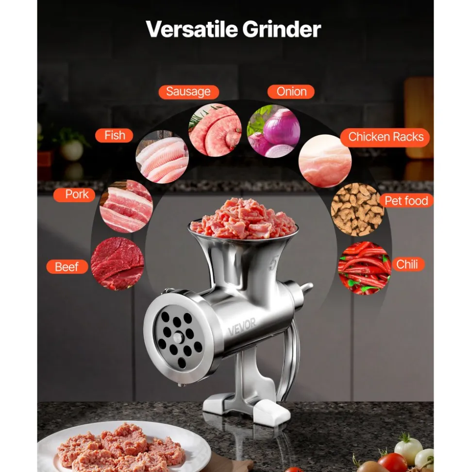 VEVOR Manual Meat Grinder, 304 Stainless Steel Hand Meat Grinder with Steel Table Clamp, Meat Mincer Sausage Maker with 1 Cutting Blade, 2 Cutting Plates, Sausage Tube for Beef Pork Pepper Mushroom