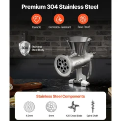 VEVOR Manual Meat Grinder, 304 Stainless Steel Hand Meat Grinder with Steel Table Clamp, Meat Mincer Sausage Maker with 1 Cutting Blade, 2 Cutting Plates, Sausage Tube for Beef Pork Pepper Mushroom