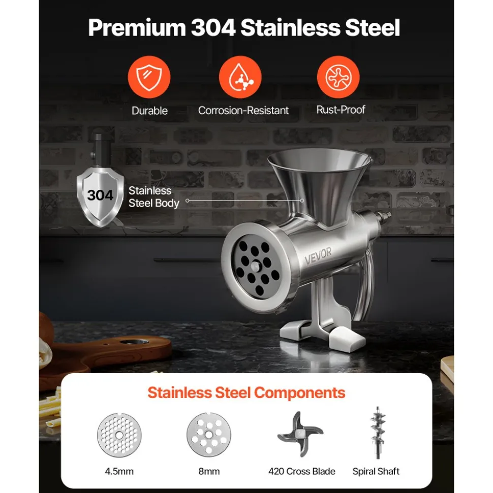 VEVOR Manual Meat Grinder, 304 Stainless Steel Hand Meat Grinder with Steel Table Clamp, Meat Mincer Sausage Maker with 1 Cutting Blade, 2 Cutting Plates, Sausage Tube for Beef Pork Pepper Mushroom