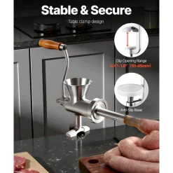 VEVOR Manual Meat Grinder, 304 Stainless Steel Hand Meat Grinder with Steel Table Clamp, Meat Mincer Sausage Maker with 1 Cutting Blade, 2 Cutting Plates, Sausage Tube for Beef Pork Pepper Mushroom
