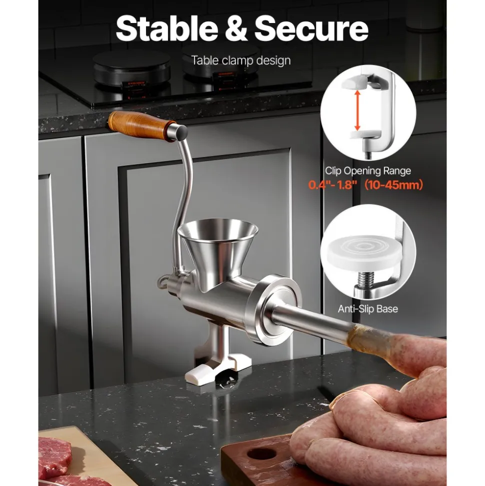 VEVOR Manual Meat Grinder, 304 Stainless Steel Hand Meat Grinder with Steel Table Clamp, Meat Mincer Sausage Maker with 1 Cutting Blade, 2 Cutting Plates, Sausage Tube for Beef Pork Pepper Mushroom