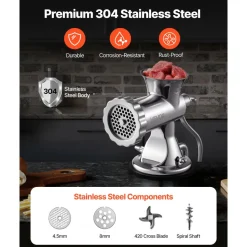 VEVOR Manual Meat Grinder, 304 Stainless Steel Hand Meat Grinder with Suction Cup + Steel Table Clamp, Meat Mincer Sausage Maker & 2 Cutting Plates, Sausage Tube, Grinding Head for Beef Pepper Cookie
