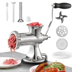 VEVOR Manual Meat Grinder, 304 Stainless Steel Hand Meat Grinder with Suction Cup + Steel Table Clamp, Meat Mincer Sausage Maker & 2 Cutting Plates, Sausage Tube, Grinding Head for Beef Pepper Cookie