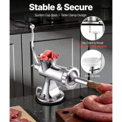 VEVOR Manual Meat Grinder, 304 Stainless Steel Hand Meat Grinder with Suction Cup + Steel Table Clamp, Meat Mincer Sausage Maker & 2 Cutting Plates, Sausage Tube, Grinding Head for Beef Pepper Cookie
