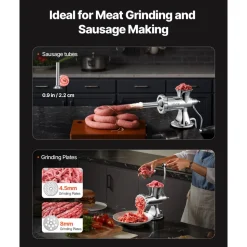 VEVOR Manual Meat Grinder, 304 Stainless Steel Hand Meat Grinder with Suction Cup + Steel Table Clamp, Meat Mincer Sausage Maker & 2 Cutting Plates, Sausage Tube, Grinding Head for Beef Pepper Cookie