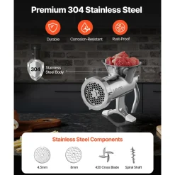 VEVOR Manual Meat Grinder, 304 Stainless Steel Hand Meat Grinder with Steel Table Clamp, Meat Mincer Sausage Maker & 2 Cutting Plates, Cookie Attachment, Sausage Tube for Beef Pepper Mushroom Cookie