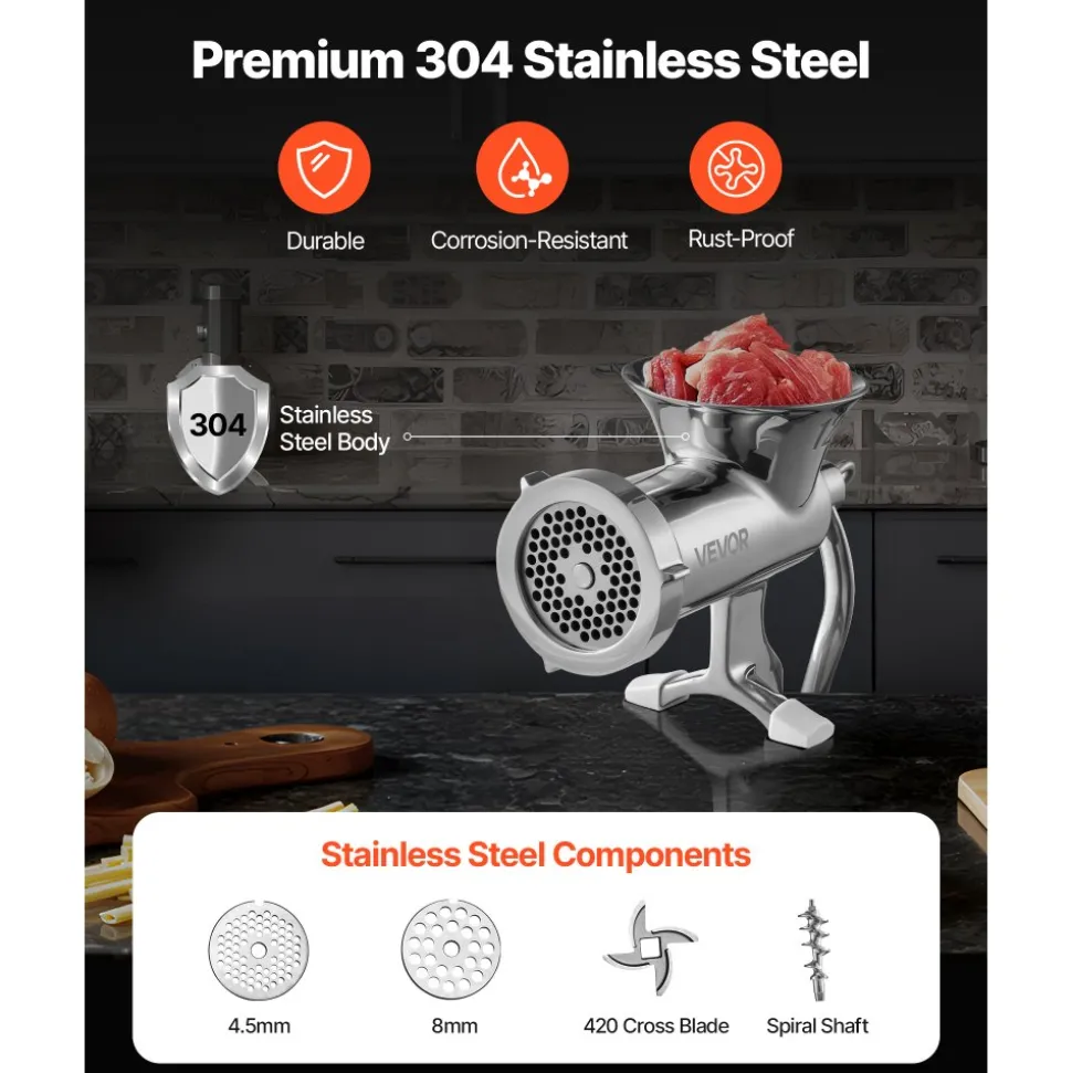 VEVOR Manual Meat Grinder, 304 Stainless Steel Hand Meat Grinder with Steel Table Clamp, Meat Mincer Sausage Maker & 2 Cutting Plates, Cookie Attachment, Sausage Tube for Beef Pepper Mushroom Cookie