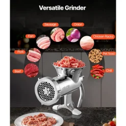 VEVOR Manual Meat Grinder, 304 Stainless Steel Hand Meat Grinder with Steel Table Clamp, Meat Mincer Sausage Maker & 2 Cutting Plates, Cookie Attachment, Sausage Tube for Beef Pepper Mushroom Cookie
