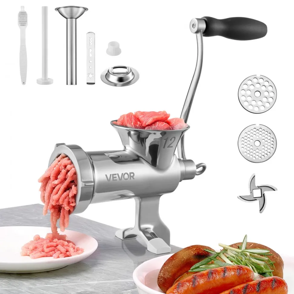 VEVOR Manual Meat Grinder, 304 Stainless Steel Hand Meat Grinder with Steel Table Clamp, Meat Mincer Sausage Maker & 2 Cutting Plates, Cookie Attachment, Sausage Tube for Beef Pepper Mushroom Cookie