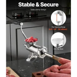 VEVOR Manual Meat Grinder, 304 Stainless Steel Hand Meat Grinder with Steel Table Clamp, Meat Mincer Sausage Maker & 2 Cutting Plates, Cookie Attachment, Sausage Tube for Beef Pepper Mushroom Cookie