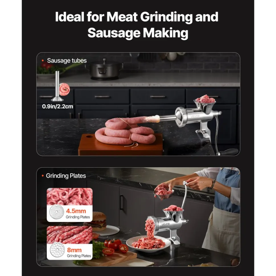 VEVOR Manual Meat Grinder, 304 Stainless Steel Hand Meat Grinder with Steel Table Clamp, Meat Mincer Sausage Maker & 2 Cutting Plates, Cookie Attachment, Sausage Tube for Beef Pepper Mushroom Cookie