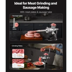 VEVOR Manual Meat Grinder, 304 Stainless Steel Hand Crank Meat Mincer with Steel Table Clamp, Sausage Stuffer with 2 Cutting Plates & Sausage Tube, Food Grinder for Beef Chili Pork Kitchen Tabletop