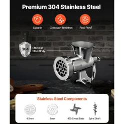 VEVOR Manual Meat Grinder, 304 Stainless Steel Hand Crank Meat Mincer with Steel Table Clamp, Sausage Stuffer with 2 Cutting Plates & Sausage Tube, Food Grinder for Beef Chili Pork Kitchen Tabletop