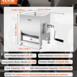 VEVOR Manual Meat Mixer, 30L Fixed Tank Meat Processing Equipment(Mixing Max 60LBS for Meat), Stainless Steel Meat Mixer, Sausage Mixer Machine with Lid Handle Gear Reducer, Ground Beef Hand Mixer
