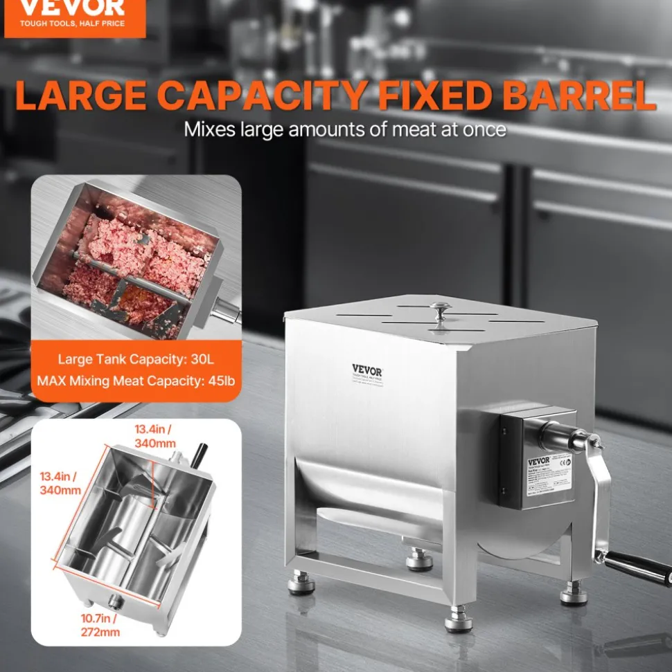 VEVOR Manual Meat Mixer, 30L Fixed Tank Meat Processing Equipment(Mixing Max 60LBS for Meat), Stainless Steel Meat Mixer, Sausage Mixer Machine with Lid Handle Gear Reducer, Ground Beef Hand Mixer