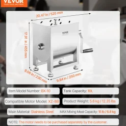 VEVOR Manual Meat Mixer, 10L Fixed Tank Meat Processing Equipment(Mixing Max 15LBS for Meat), Stainless Steel Meat Mixer, Sausage Mixer Machine with Lid Handle Gear Reducer, Ground Beef Hand Mixer