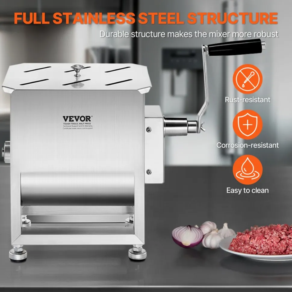 VEVOR Manual Meat Mixer, 10L Fixed Tank Meat Processing Equipment(Mixing Max 15LBS for Meat), Stainless Steel Meat Mixer, Sausage Mixer Machine with Lid Handle Gear Reducer, Ground Beef Hand Mixer