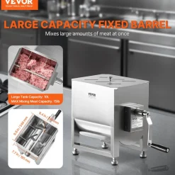 VEVOR Manual Meat Mixer, 10L Fixed Tank Meat Processing Equipment(Mixing Max 15LBS for Meat), Stainless Steel Meat Mixer, Sausage Mixer Machine with Lid Handle Gear Reducer, Ground Beef Hand Mixer