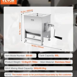 VEVOR Manual Meat Mixer, 60L Fixed Tank Meat Processing Equipment(Mixing Max 120LBS for Meat), Stainless Steel Meat Mixer, Sausage Mixer Machine with Lid Handle Gear Reducer, Ground Beef Hand Mixer
