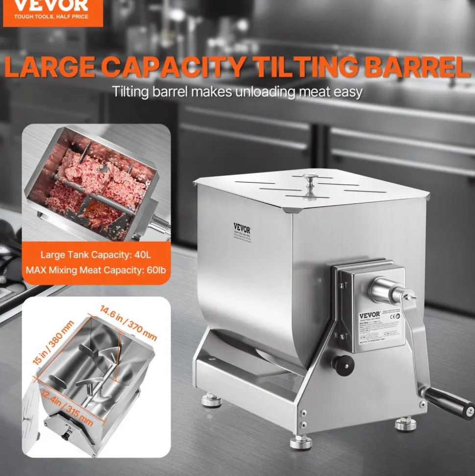 VEVOR Manual Meat Mixer, 40L Tilt Tank Meat Processing Equipment(Mixing Max 40L for Meat), Stainless Steel Meat Mixer, Sausage Mixer Machine with Lid Handle Gear Reducer, Ground Beef Hand Mixer