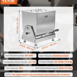 VEVOR Manual Meat Mixer, 40L Tilt Tank Meat Processing Equipment(Mixing Max 40L for Meat), Stainless Steel Meat Mixer, Sausage Mixer Machine with Lid Handle Gear Reducer, Ground Beef Hand Mixer