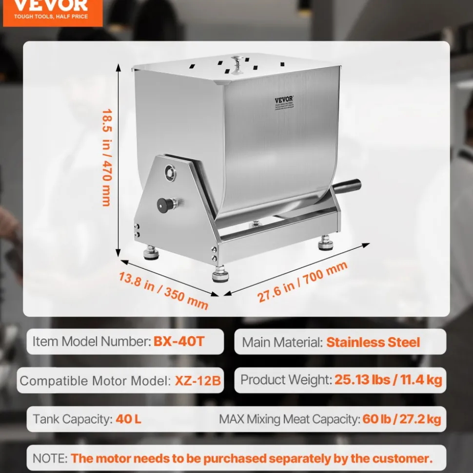 VEVOR Manual Meat Mixer, 40L Tilt Tank Meat Processing Equipment(Mixing Max 40L for Meat), Stainless Steel Meat Mixer, Sausage Mixer Machine with Lid Handle Gear Reducer, Ground Beef Hand Mixer