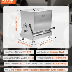 VEVOR Manual Meat Mixer, 30L Tilt Tank Meat Processing Equipment(Mixing Max 30LBS for Meat), Stainless Steel Meat Mixer, Sausage Mixer Machine with Lid Handle Gear Reducer, Ground Beef Hand Mixer
