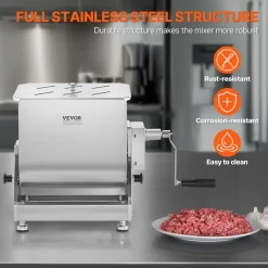 VEVOR Manual Meat Mixer, 30L Tilt Tank Meat Processing Equipment(Mixing Max 30LBS for Meat), Stainless Steel Meat Mixer, Sausage Mixer Machine with Lid Handle Gear Reducer, Ground Beef Hand Mixer